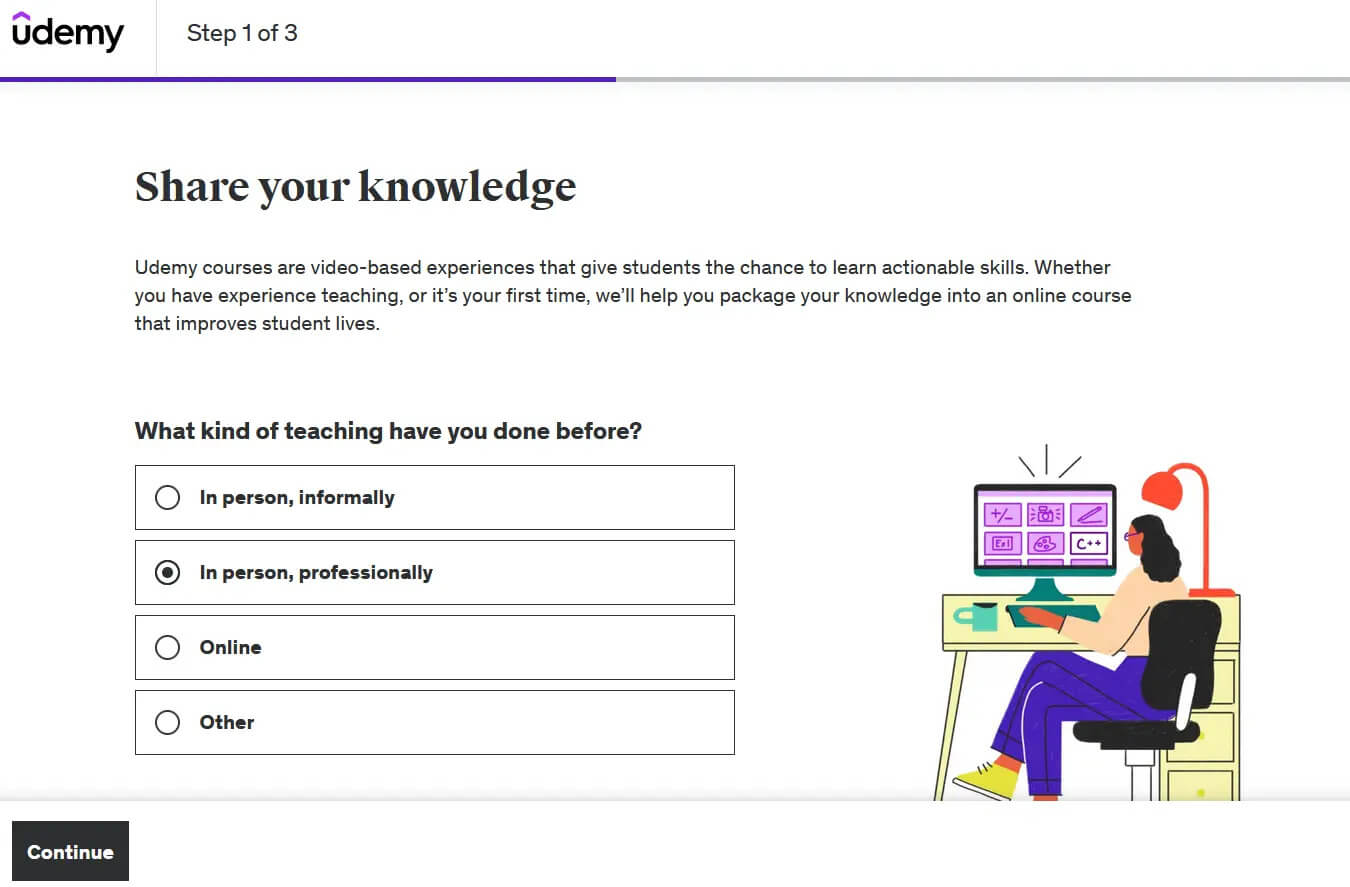 Step 1 out of 3 in Udemy's onboarding sequence to become an instructor, where you have to specify what teaching you have done before.