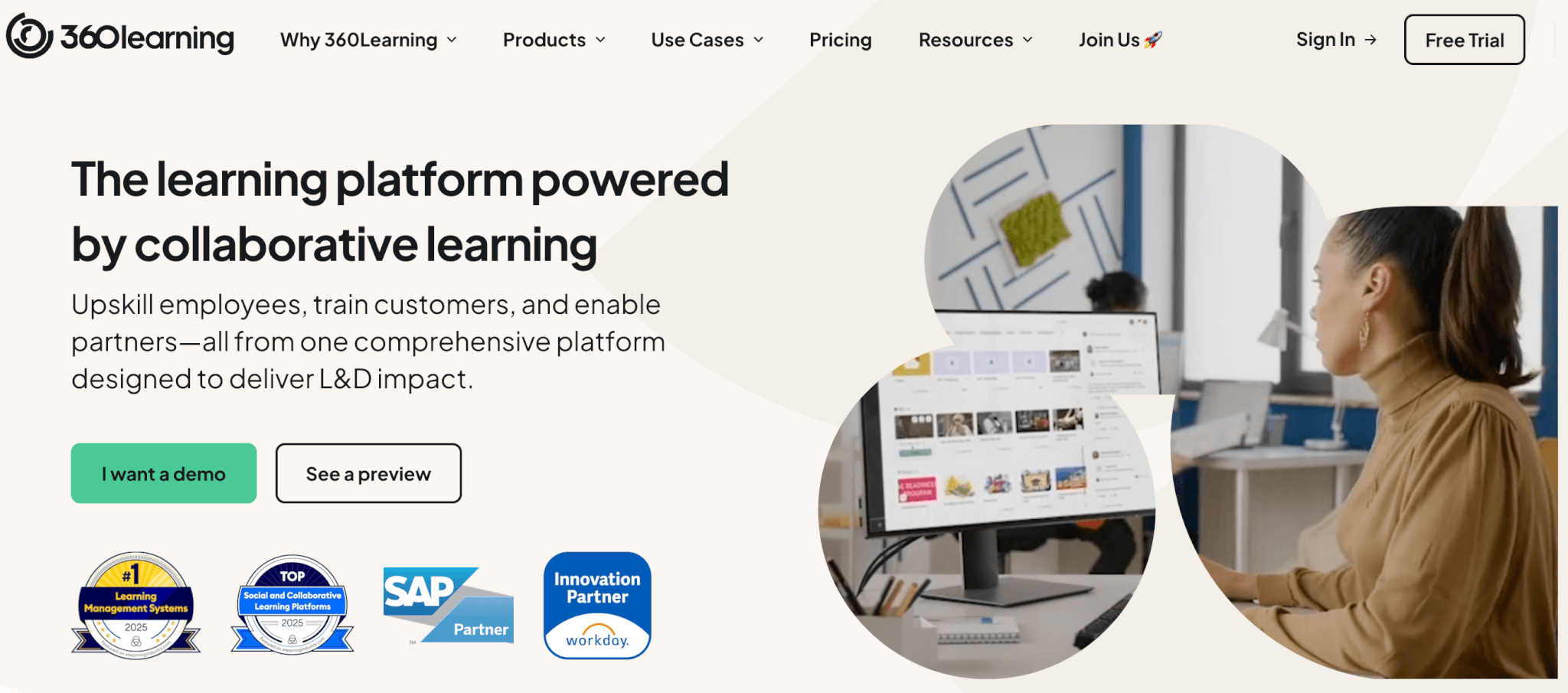 an image of 360Learning landing page showing a woman holding a laptop
