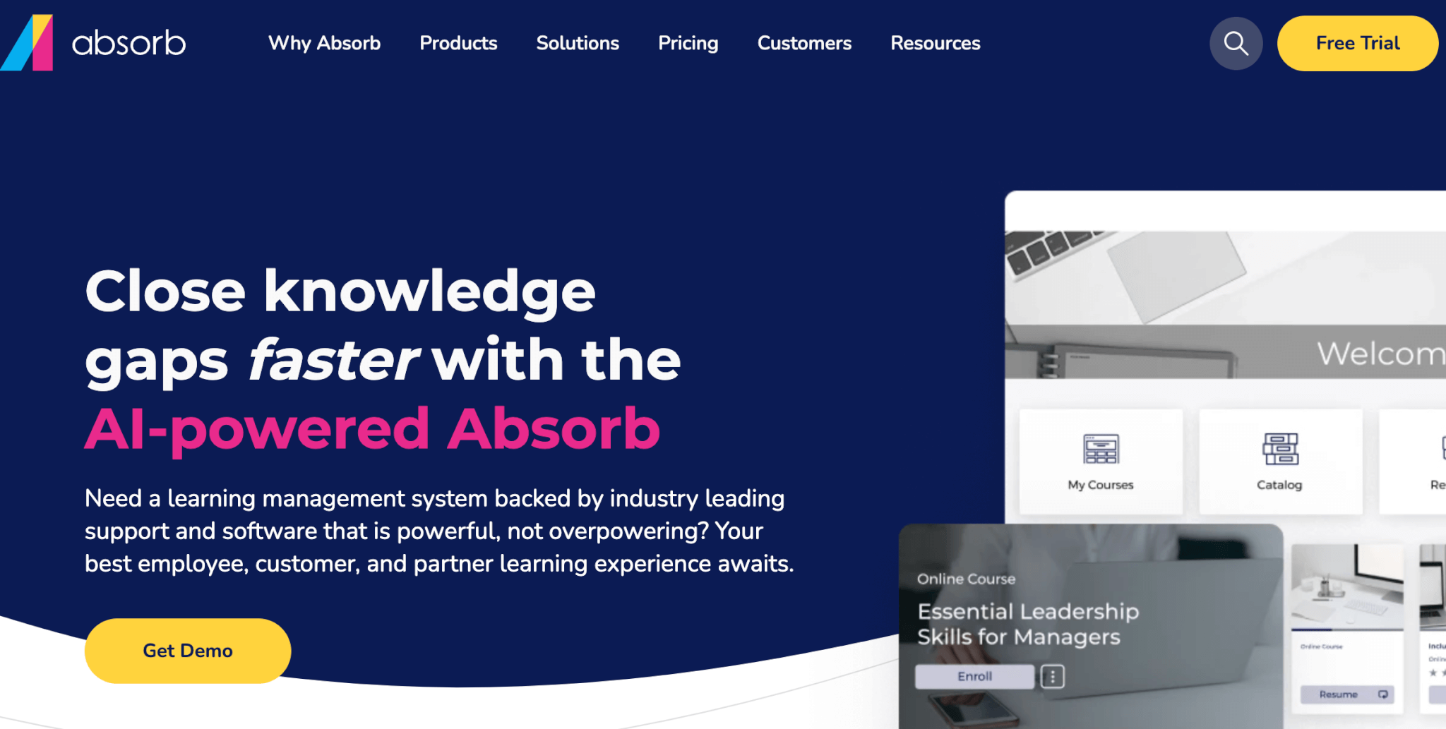 an image of Absorb LMS landing page showing the platform's home page