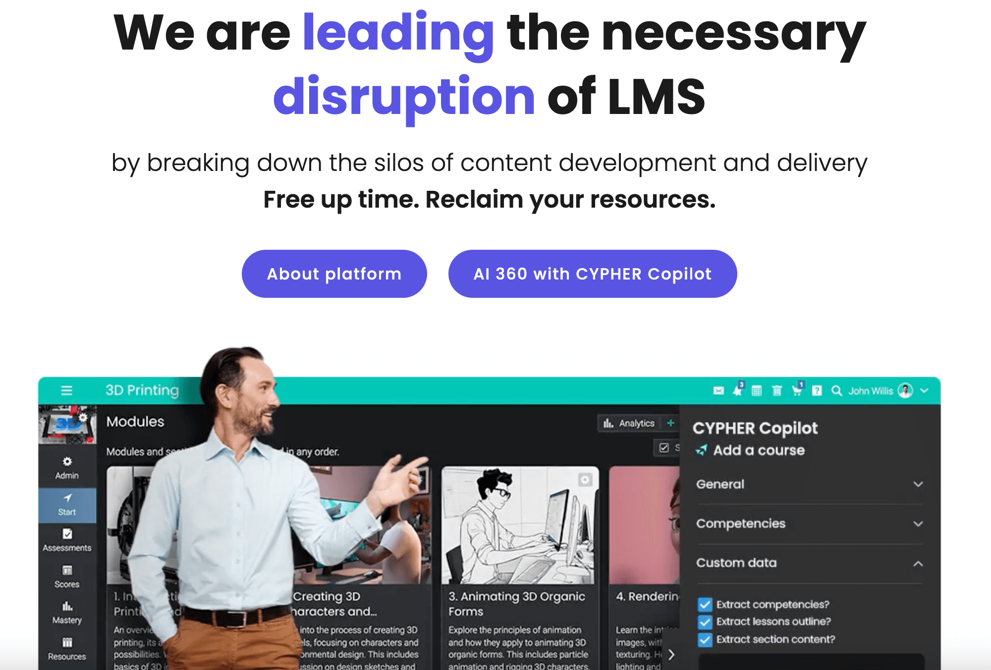 a screenshot of the CYPHER Learning landing page showing shots from the platform and a man pointing to them