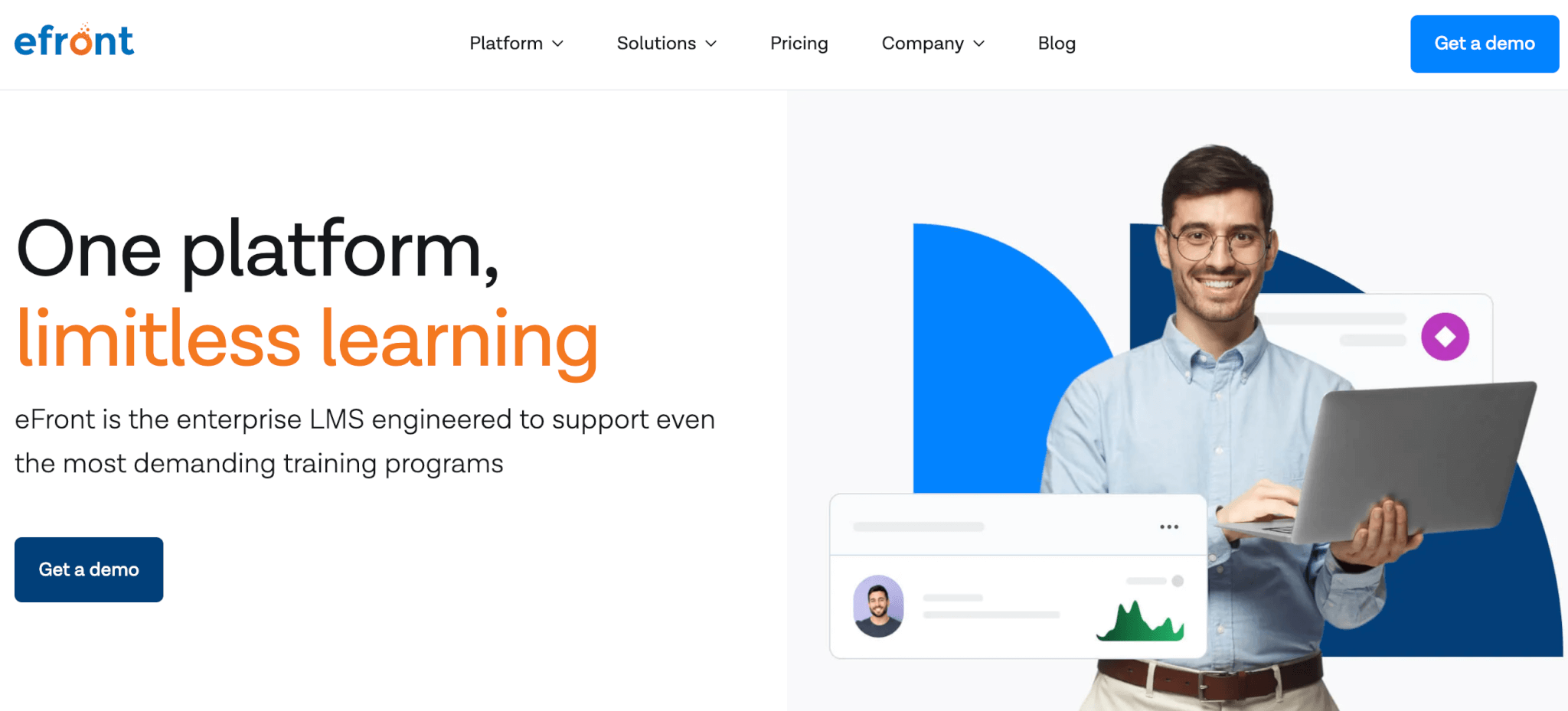 image of eFront landing page showing a male profile in grey