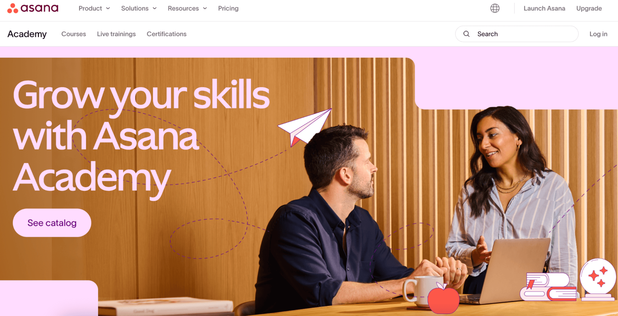 Asana Academy homepage promoting skill growth through online courses, live trainings, and certification