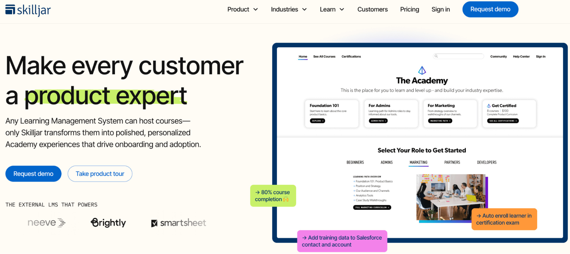 Skilljar homepage promoting customer onboarding and personalized learning through its Academy LMS platform