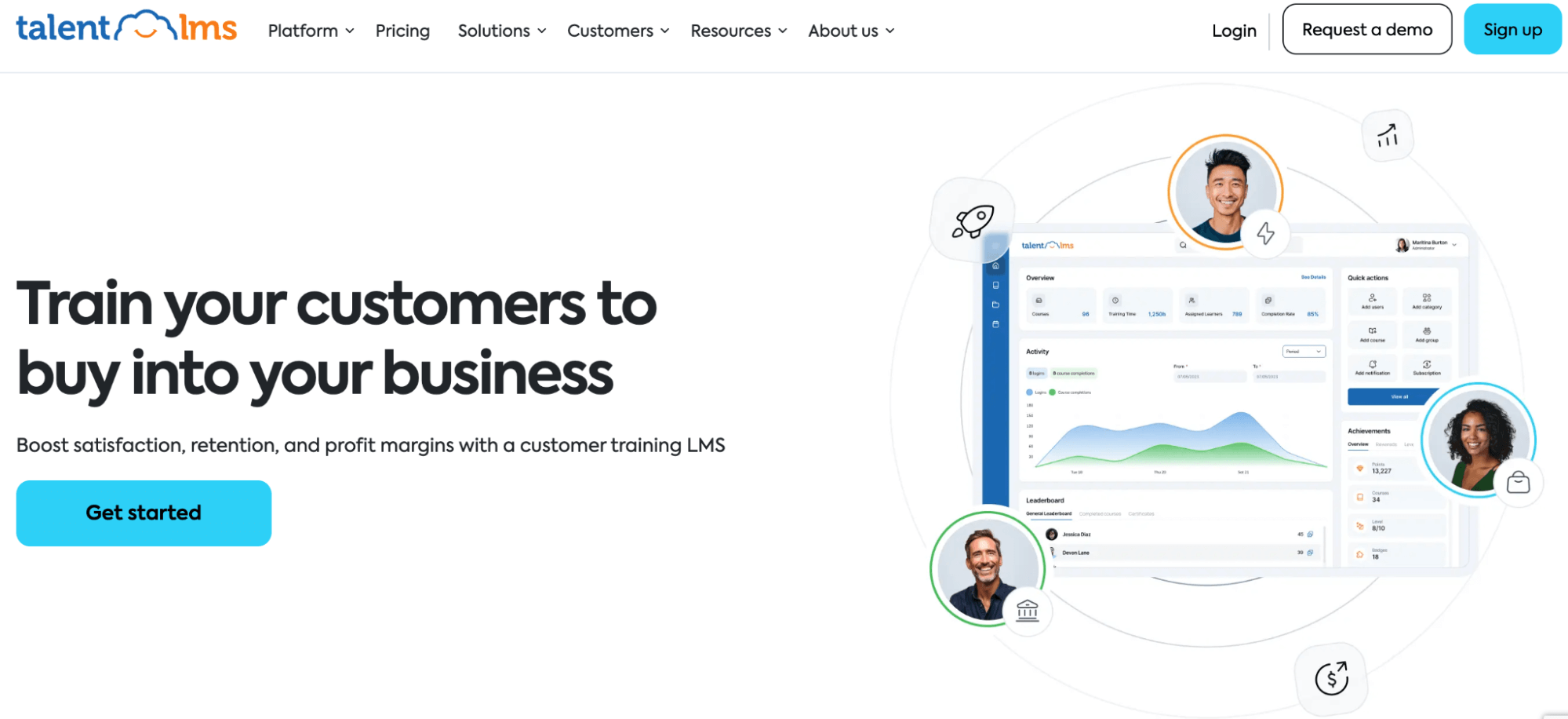 TalentLMS platform showcasing customer training solutions to boost satisfaction, retention, and profitability