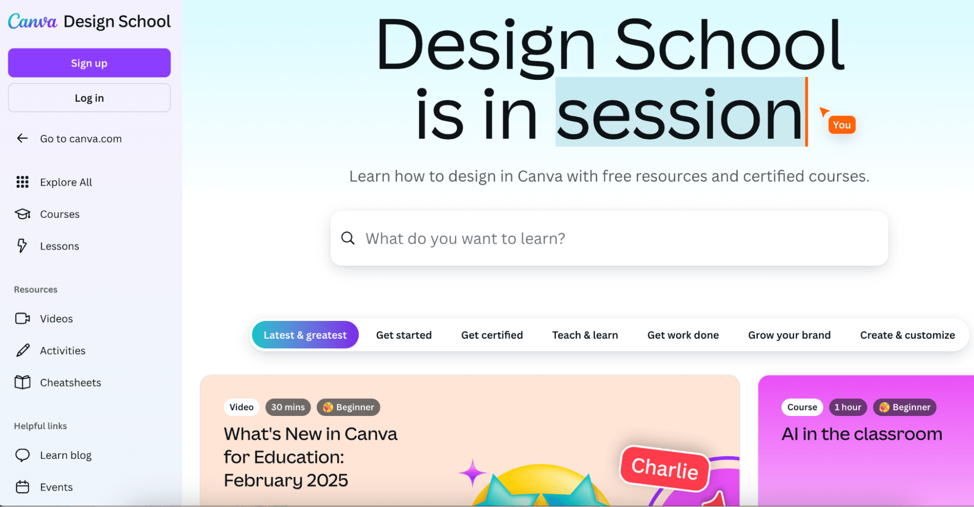 Canva Design School homepage offering free resources and certified courses for learning design skills