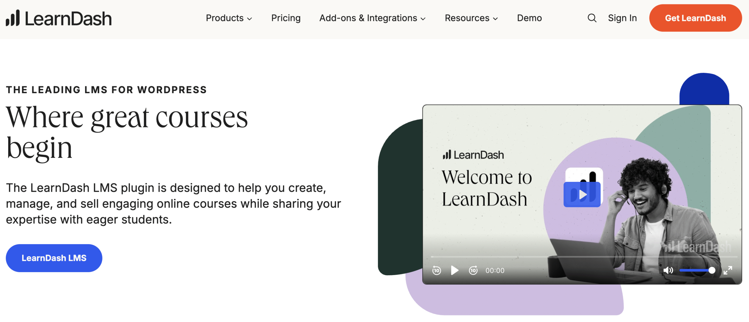 LearnDash homepage promoting its WordPress LMS plugin with a welcome video and tagline “Where great courses begin.”