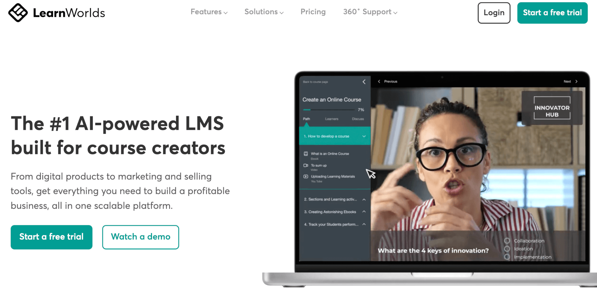 LearnWorlds homepage showcasing its AI-powered LMS tailored for course creators, with tools to build and sell online courses.