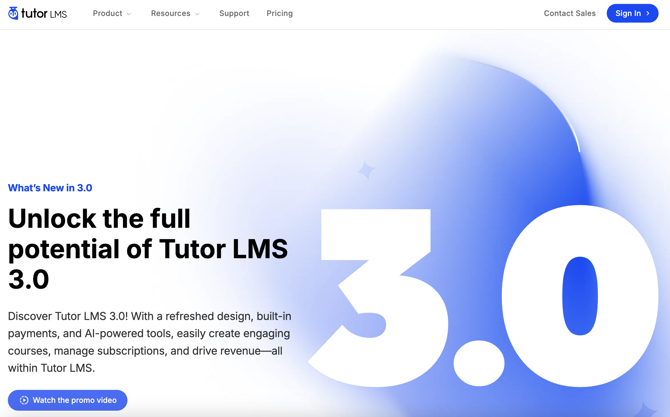 Tutor LMS 3.0 promotional page showcasing new AI tools, subscriptions, and a refreshed interface for course creation.