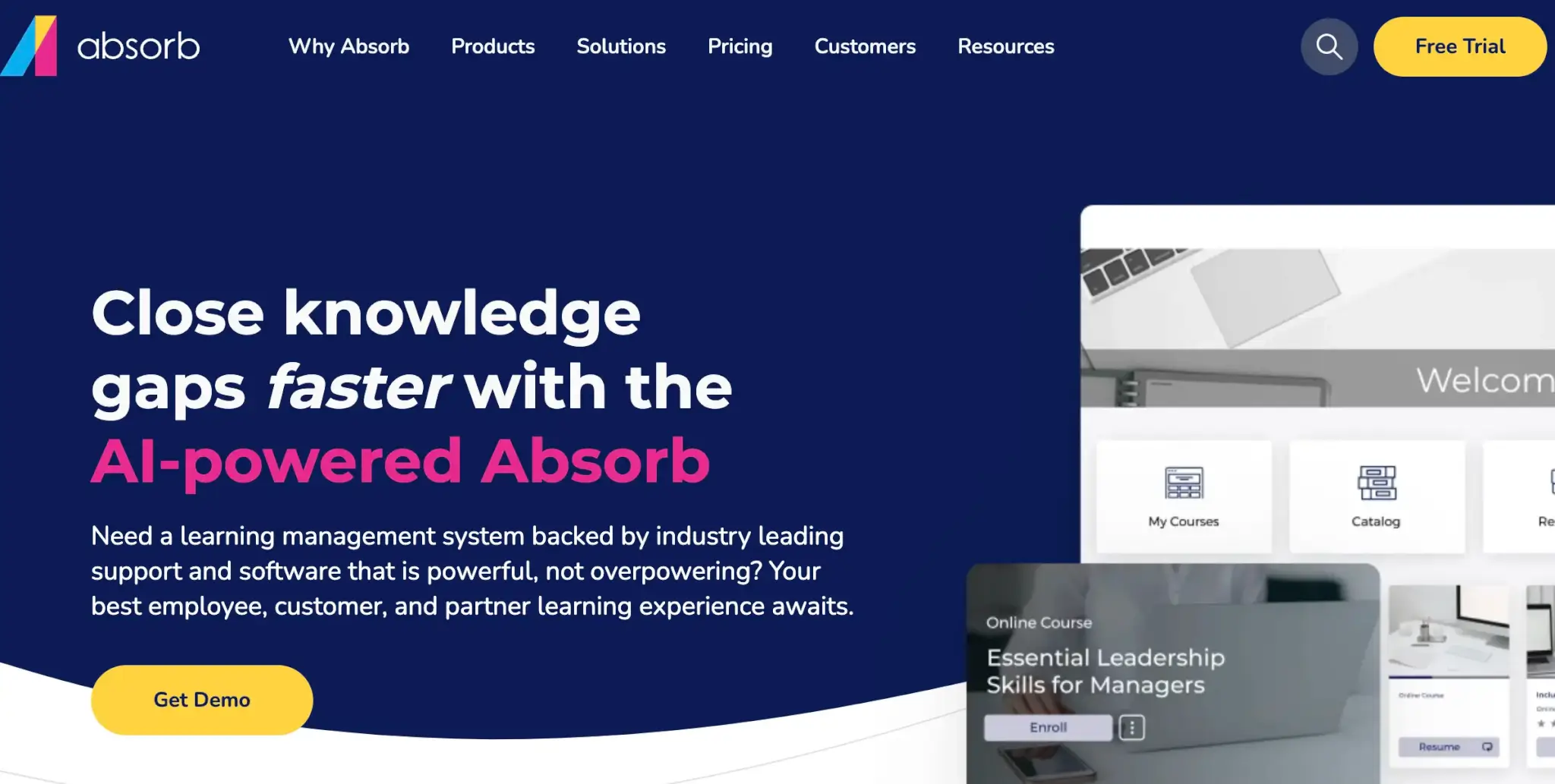 Absorb LMS homepage showcasing its AI-powered learning management system for closing knowledge gaps faster