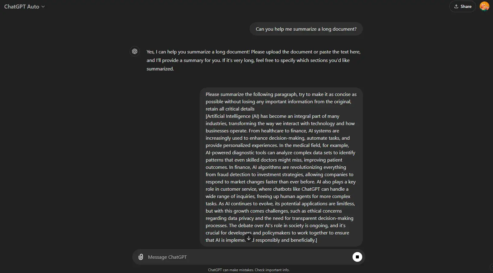 A screenshot of ChatGTP's dashboard interface featuring a sample question asked on the platform.