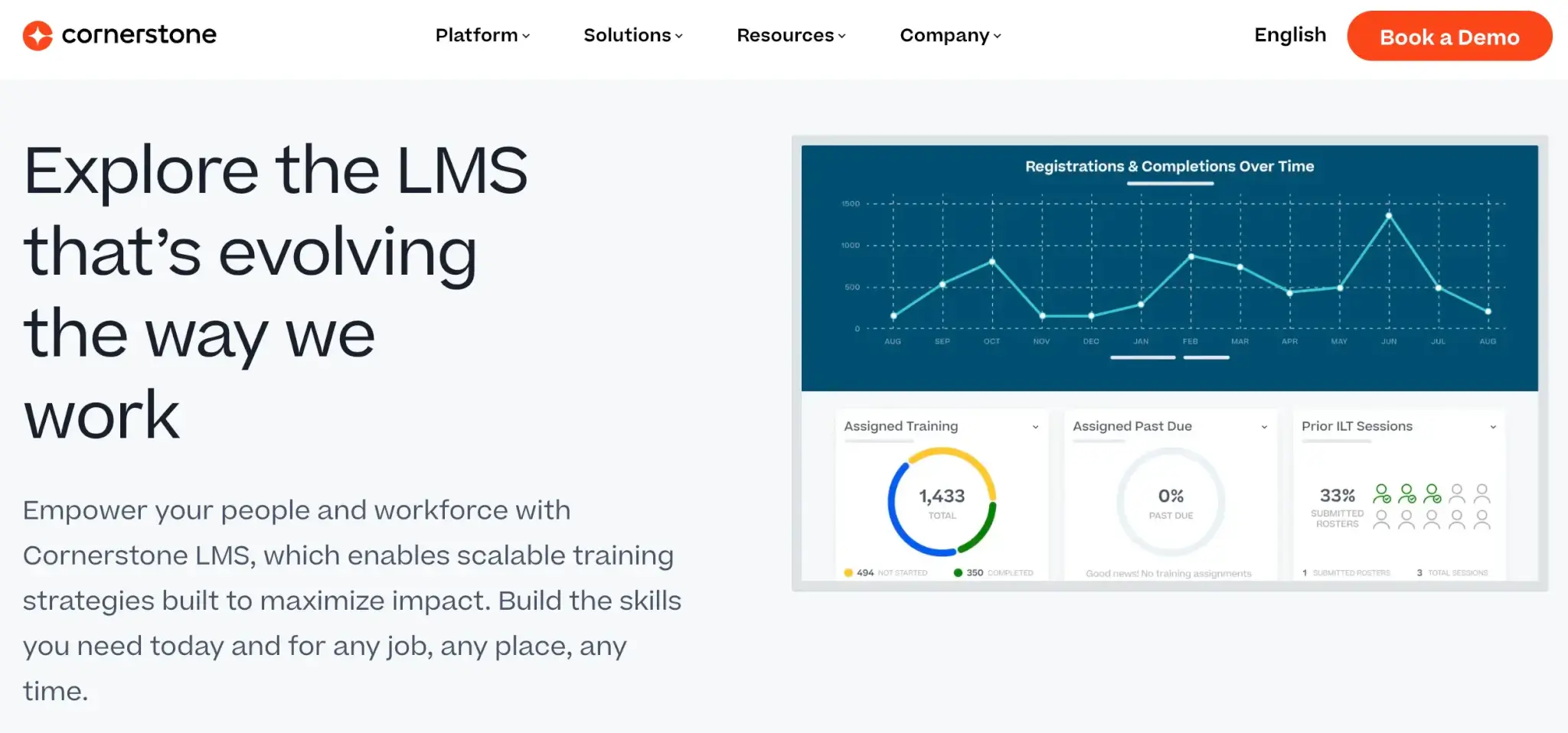Cornerstone LMS homepage highlighting its scalable training strategies for workforce development.