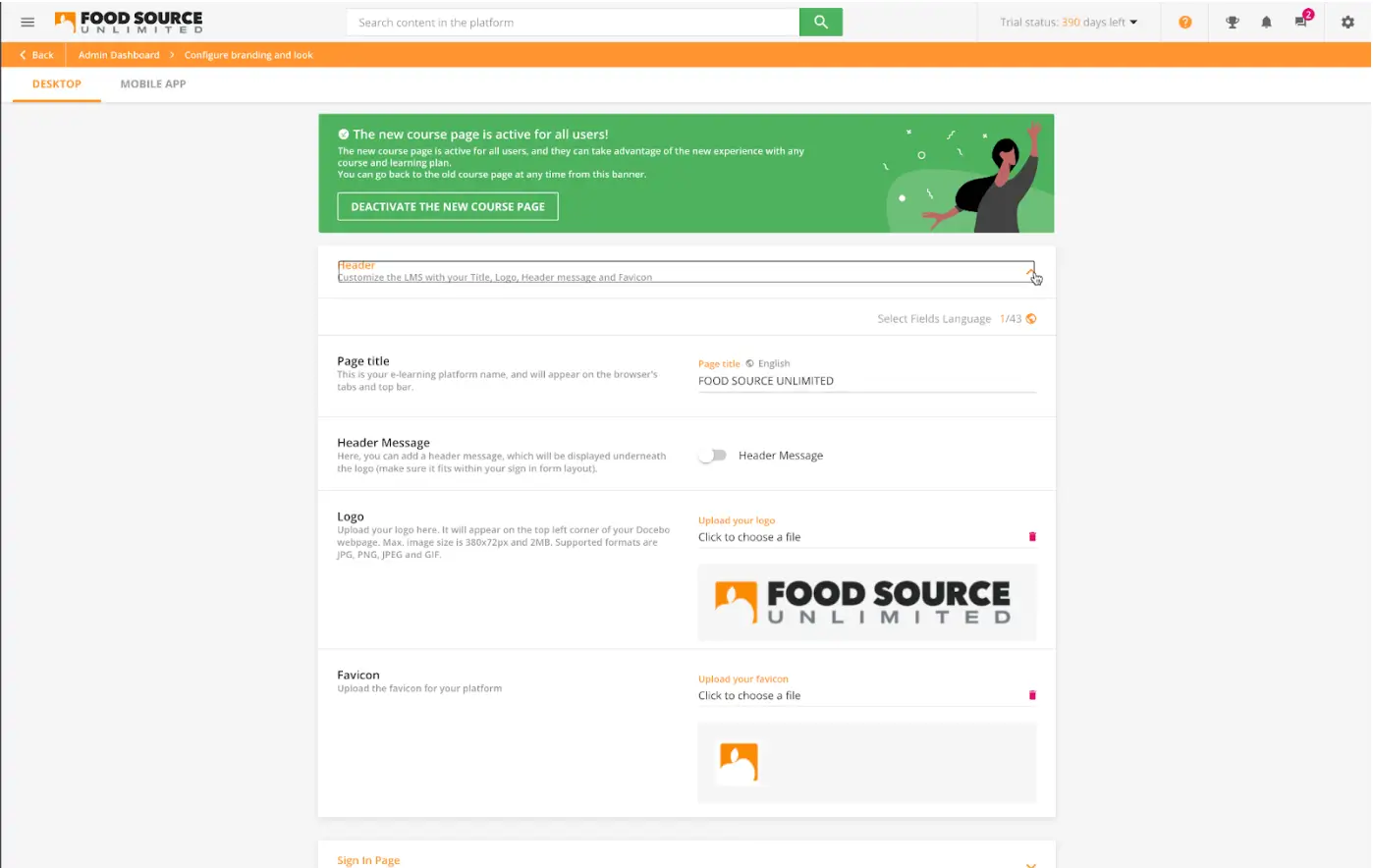 Customization options for a fictional company in Docebo
