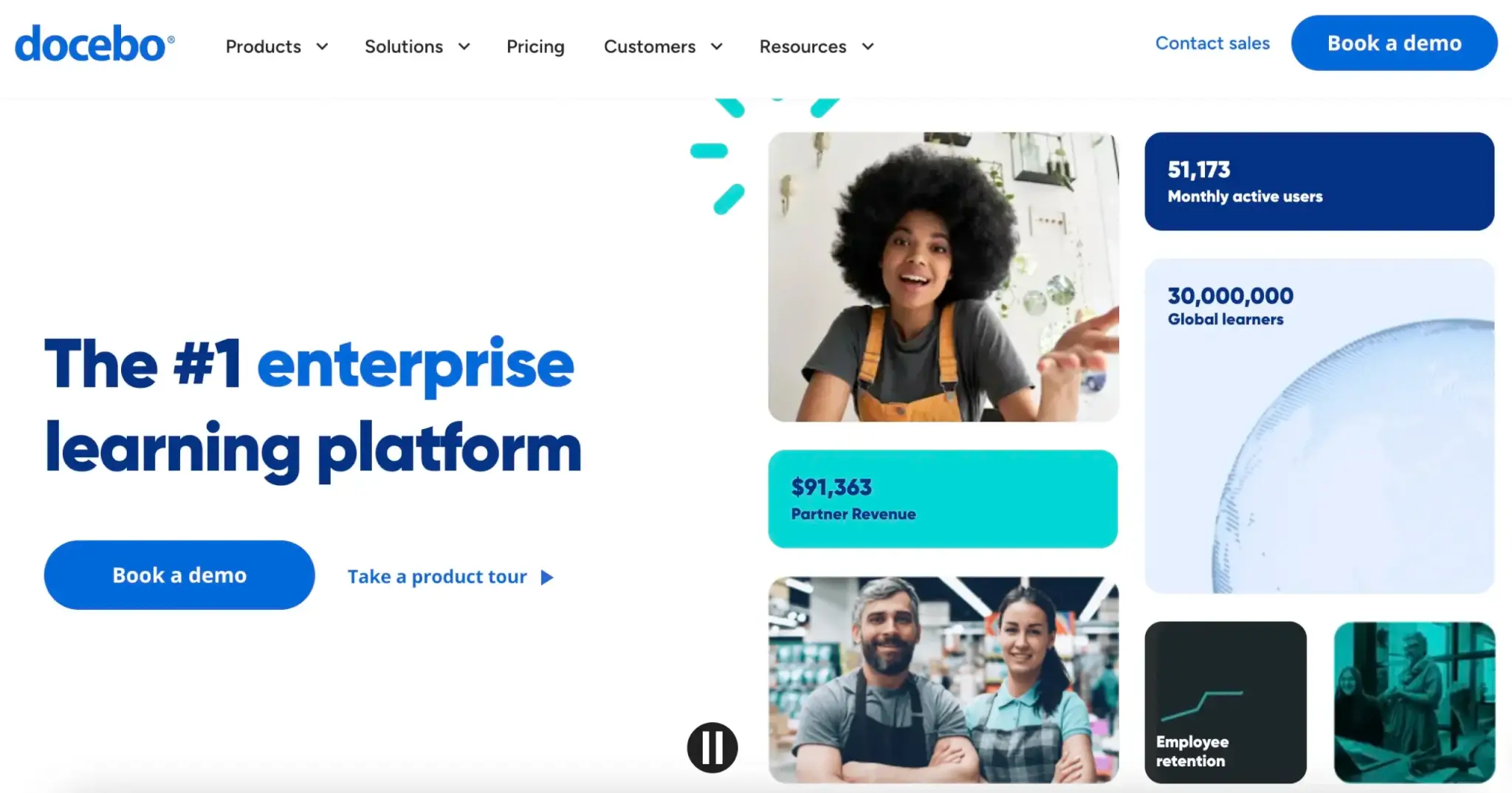 Docebo LMS homepage showcasing its global learning platform with statistics and user engagement.