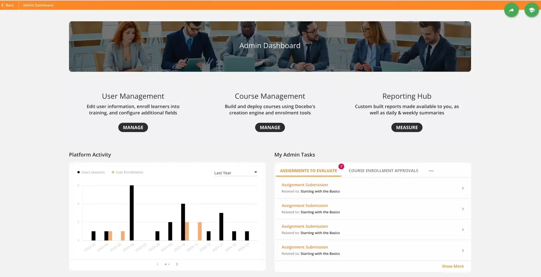 Docebo's user interface for admins showing some analytics and course management features.