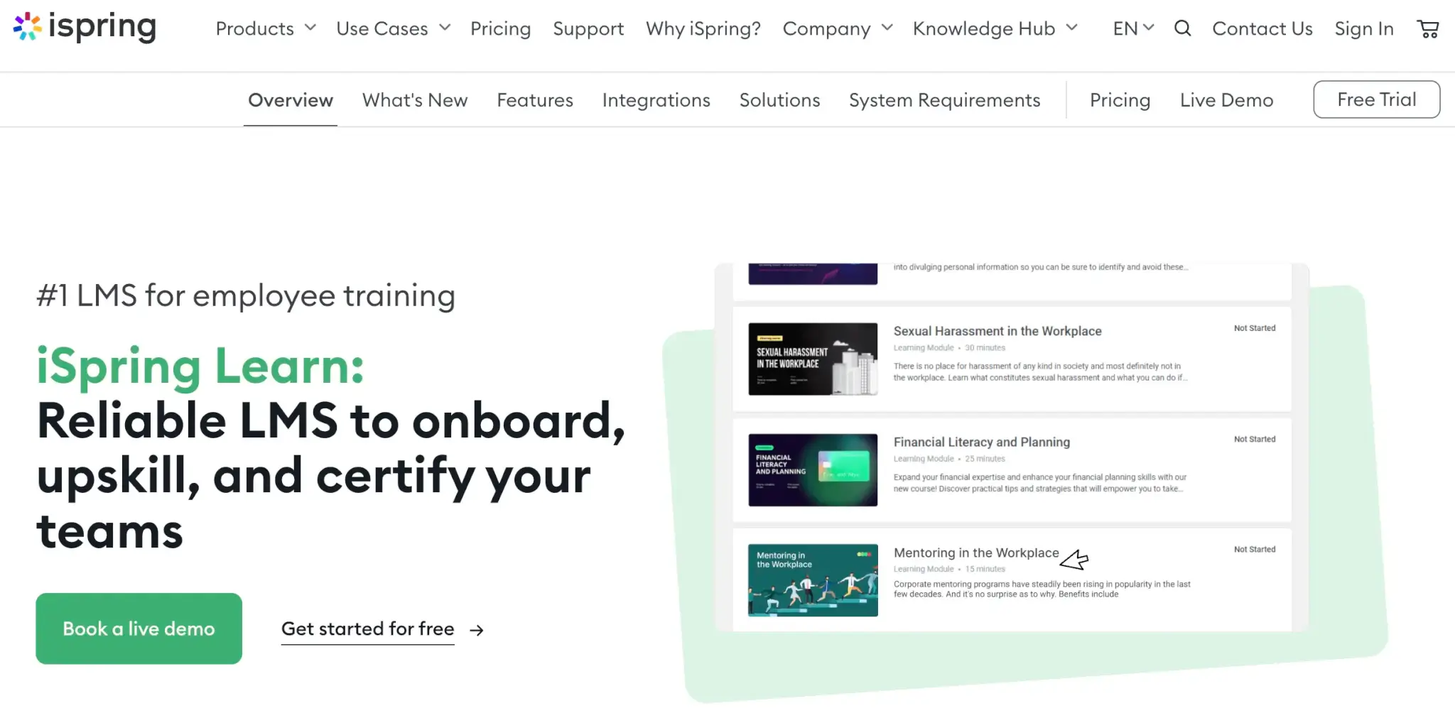 iSpring Learn LMS homepage showcasing its employee training features for onboarding, upskilling, and certification.