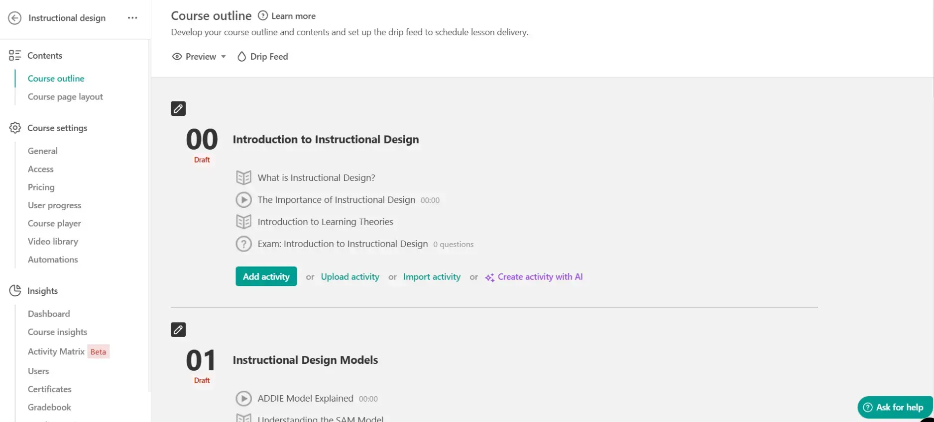 LearnWorlds admin course interface showing how to create a course.