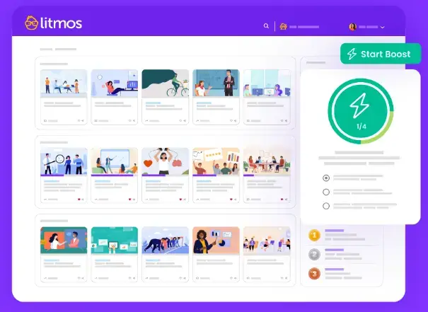 A screenshot of Litmos's learner home page interface with course lists and a progress window.