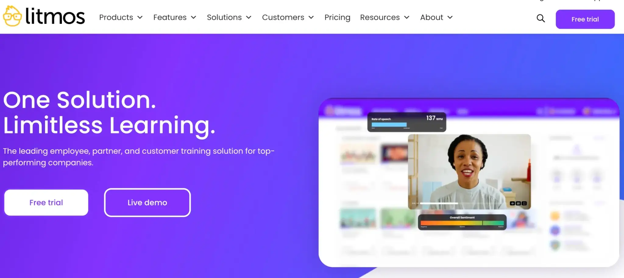 Litmos LMS homepage showcasing its eLearning solutions for businesses.