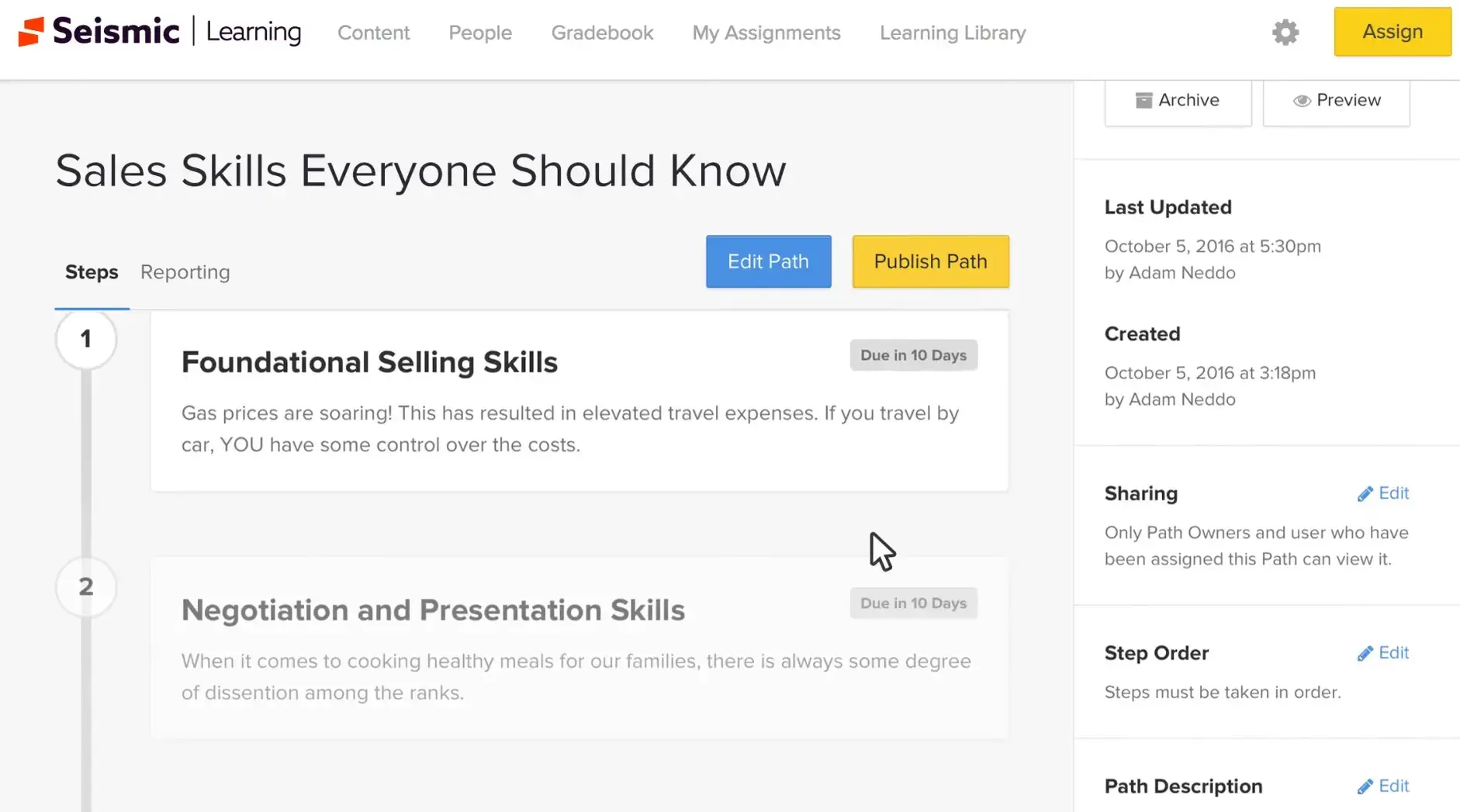 Seismic Learning's user interface showing the admin dashboard and an example class on sales skills.