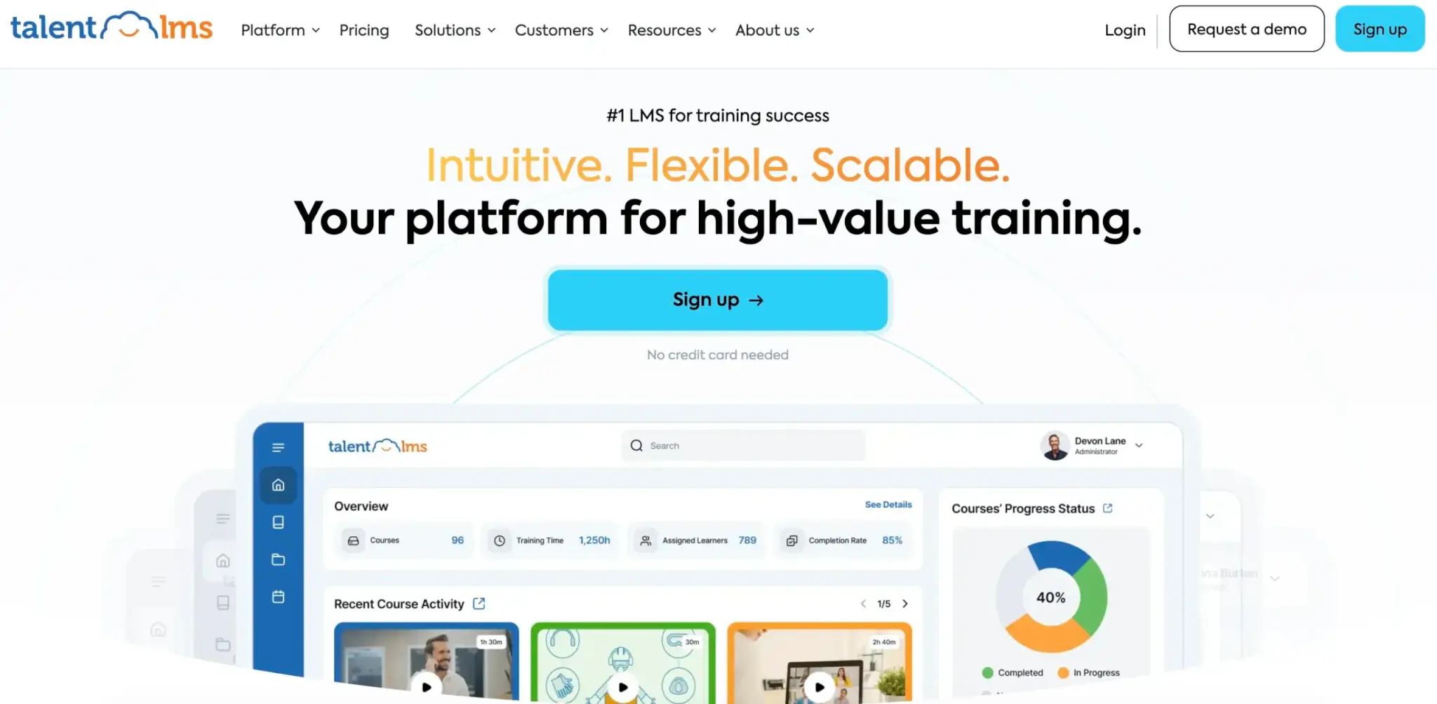 TalentLMS homepage highlighting its intuitive, flexible, and scalable training platform.