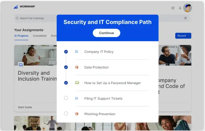 A screenshot of 360Learning's sample dashboard for learners that features some compliance training courses and example updates.